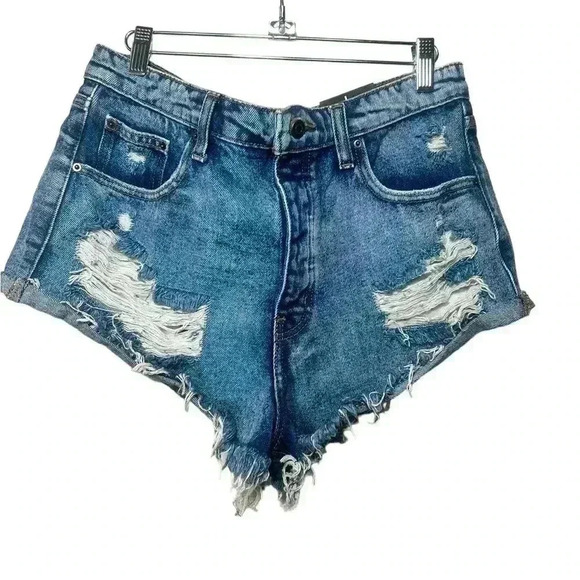 Fashion Nova Cooper Distressed Hi Rise Denim Shorts size Large - Picture 1 of 6